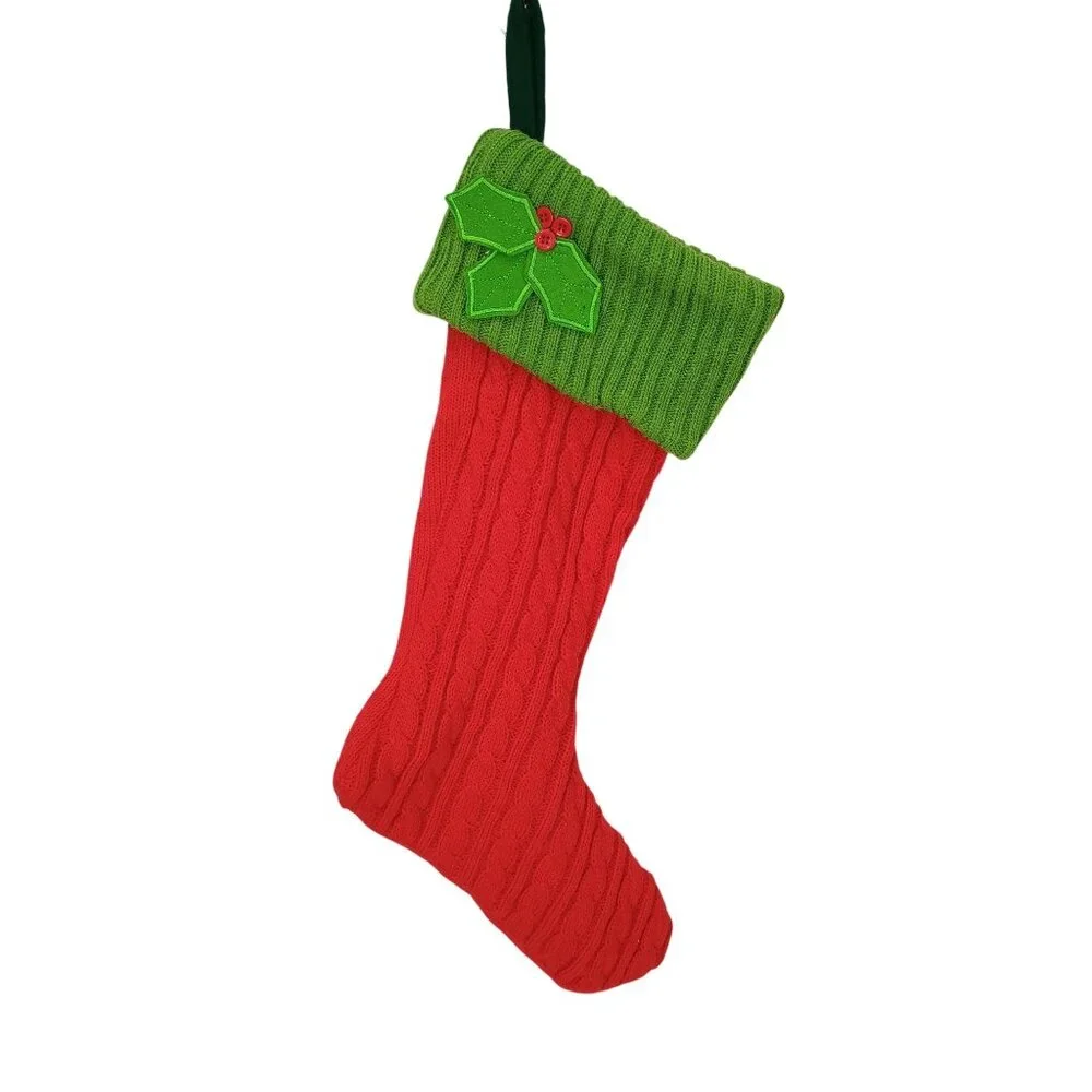 Red & Green Knit Christmas Stocking With Holly Berry Accent Cable Knit Pattern M